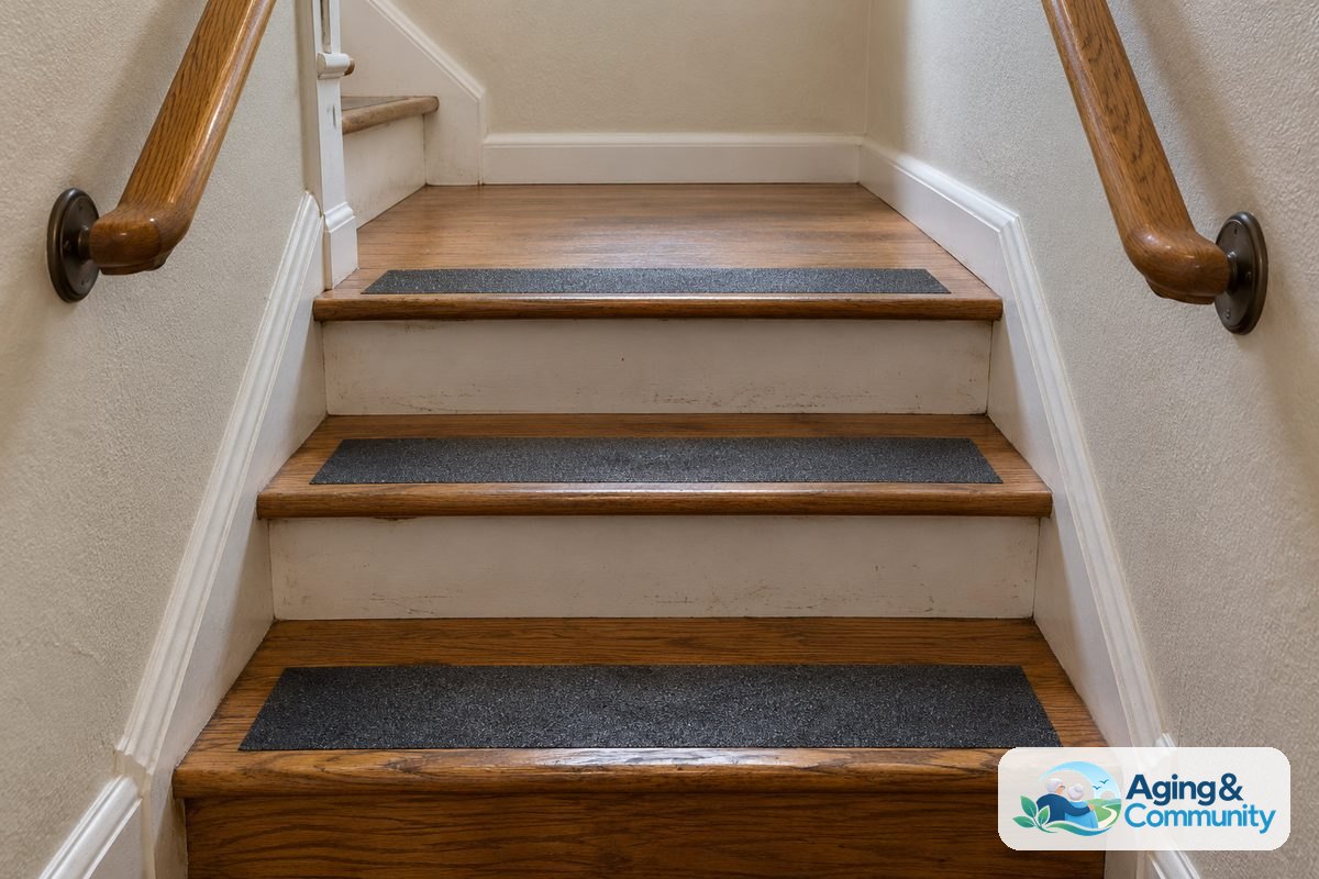Three wooden stair treads have textured adhesive strips beneath wooden handrails mounted on both sides of a narrow staircase.