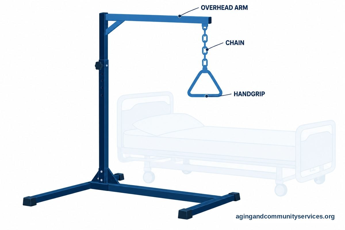 A large drawing of a freestanding bed trapeze identifies its overhead arm, suspension chain, and triangular handgrip.