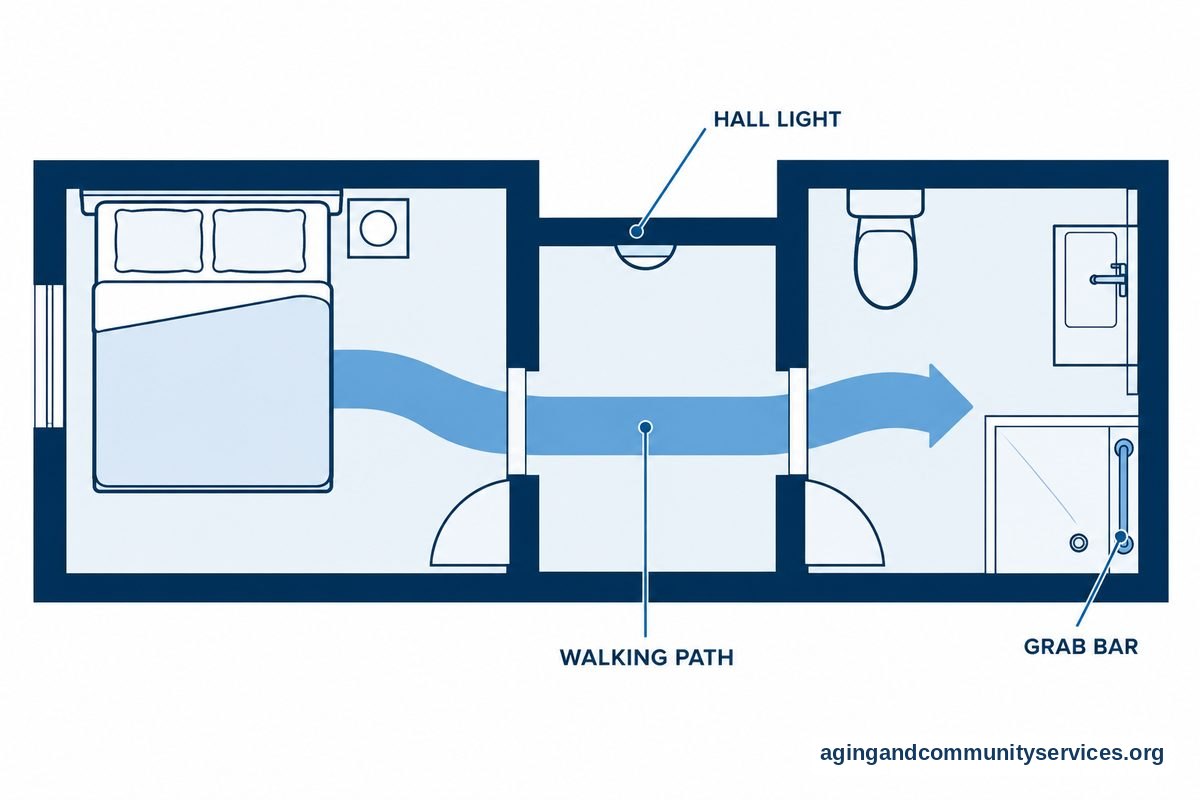 A top down home diagram shows a clear route from a bed through a hallway to a bathroom, with a hallway light and a wall mounted grab bar.