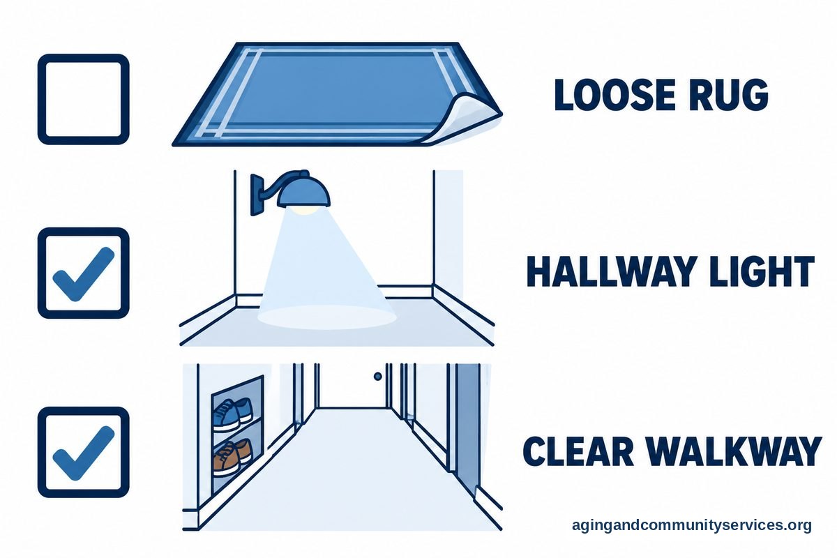 A vector checklist shows a loose rug beside an empty checkbox, a lit hallway fixture beside a checked box, and an unobstructed walkway beside a checked box.