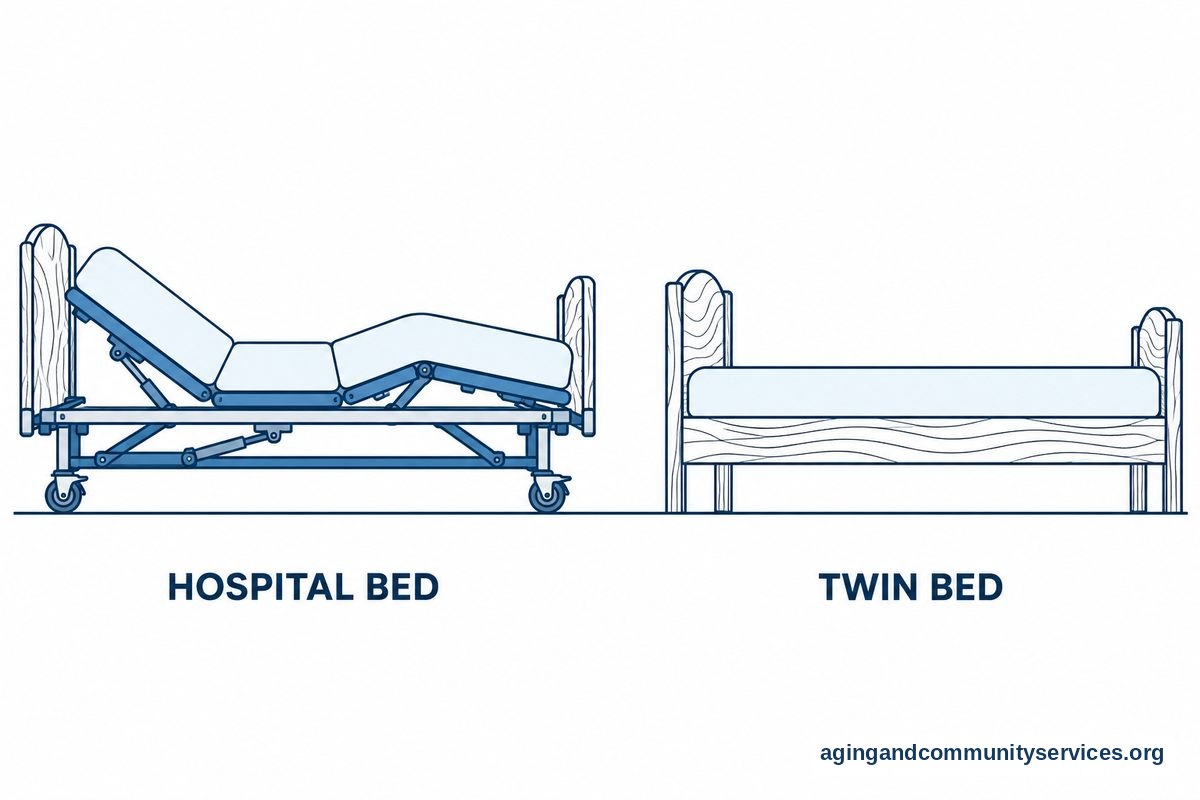 A hospital bed with raised head and knee sections appears beside a wooden twin bed with a flat mattress and fixed legs.