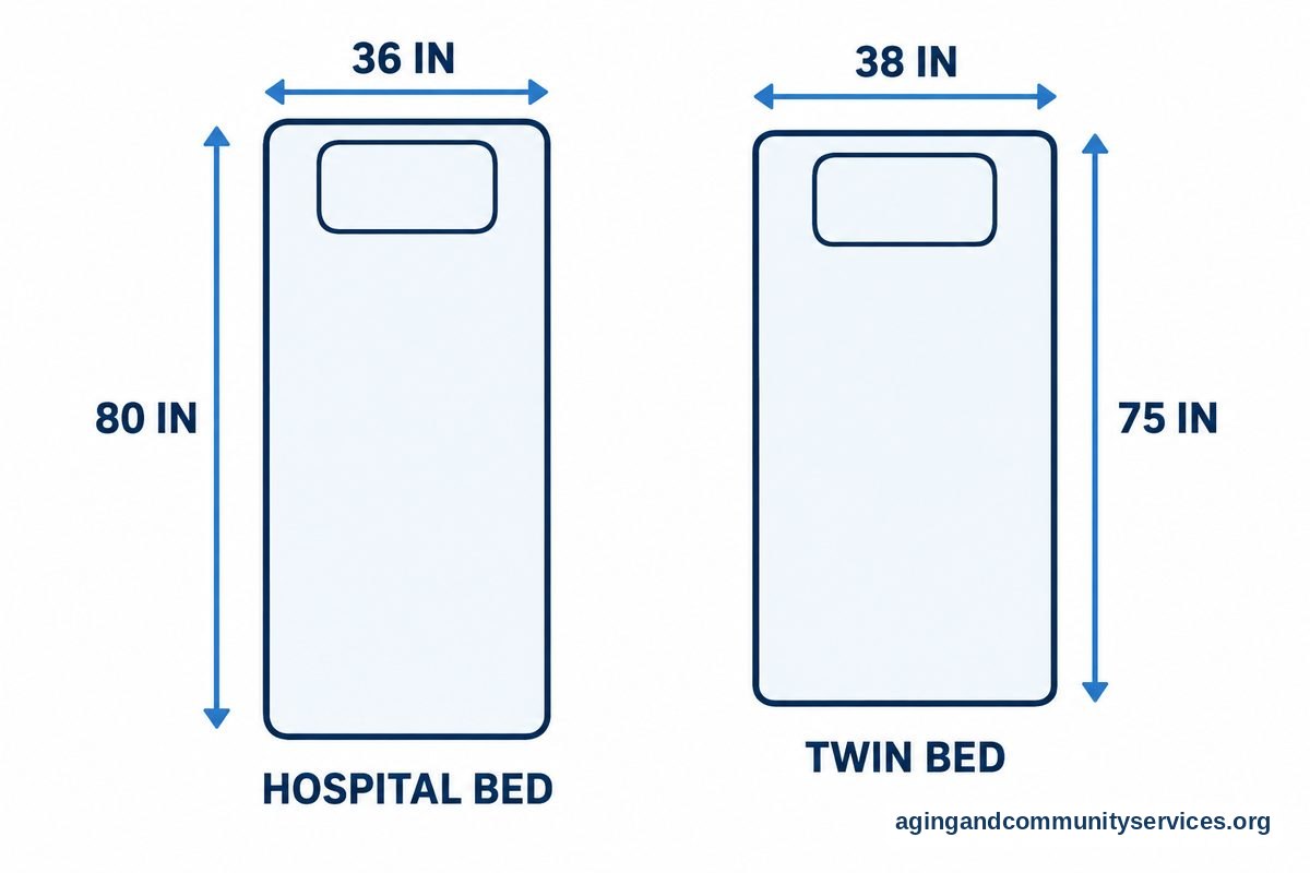 Two mattress outlines have dimension arrows showing a hospital mattress measuring 36 by 80 inches and a twin mattress measuring 38 by 75 inches.