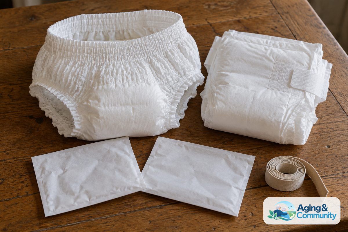 Two unused absorbent garments, plain sample sleeves, and a rolled cloth measuring tape are arranged on a wooden tabletop.