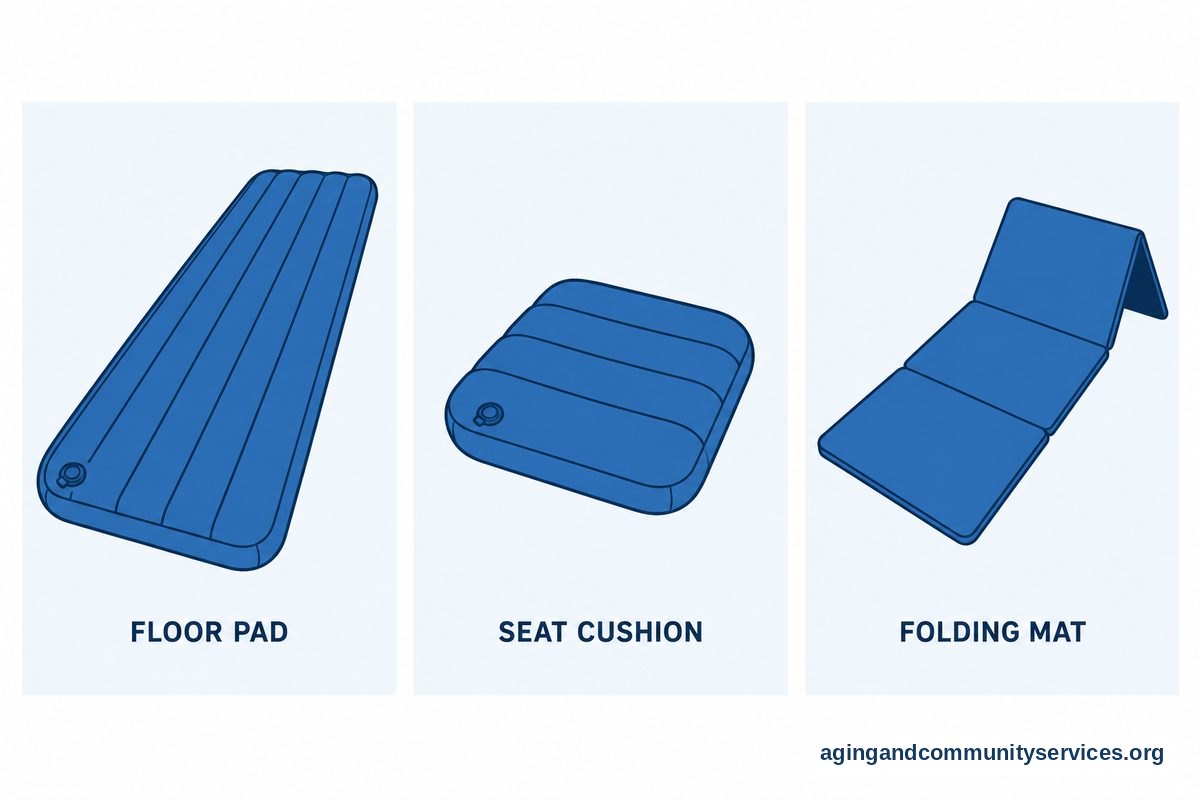 Three illustrated panels show a rectangular inflatable floor pad, a square inflatable seat cushion, and a folding padded mat.