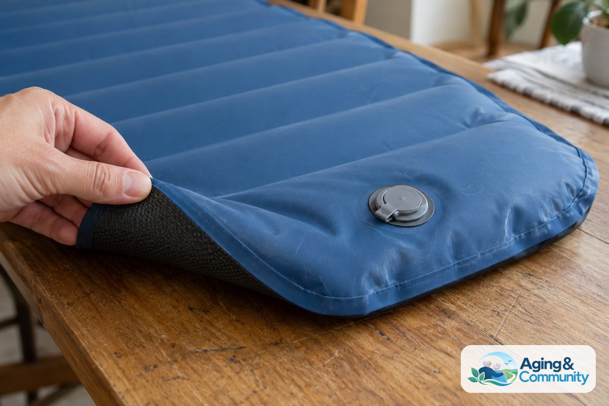A close view of an inflatable pad shows its recessed valve, welded edge seam, and textured underside lifted by a hand.