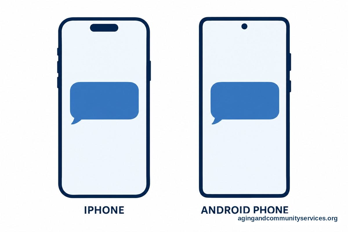 An iPhone with a pill shaped screen cutout and an Android phone with a circular camera cutout each display a blank message bubble.