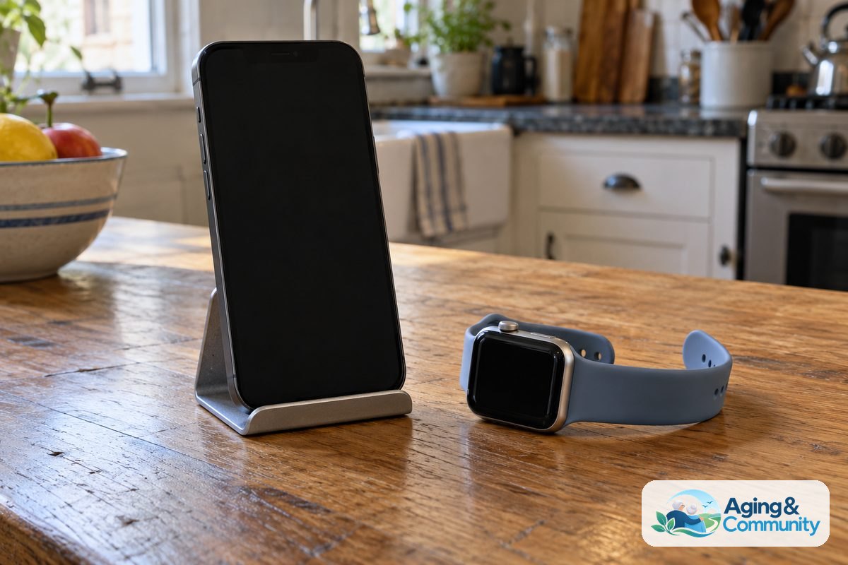 An upright smartphone in a small stand sits beside a smartwatch with an open silicone band on a worn oak tabletop.