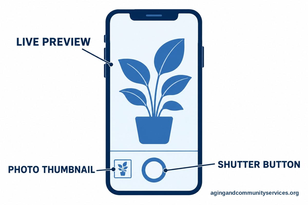 A large phone drawing shows a camera preview of a potted plant, a round shutter button, and a small photo thumbnail with three callouts.