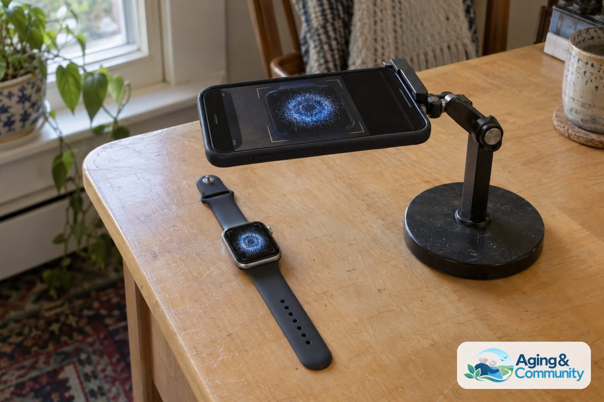 A smartphone supported above a smartwatch shows the watch’s glowing pairing pattern centered within a camera viewfinder.