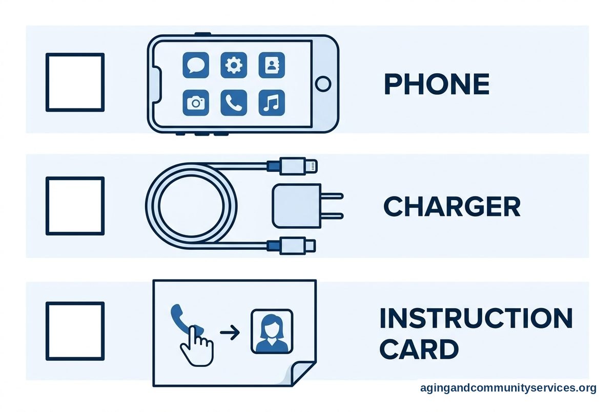 Three checklist rows show a phone with a simple icon screen, a charging cable with a wall adapter, and a paper card with calling pictograms.