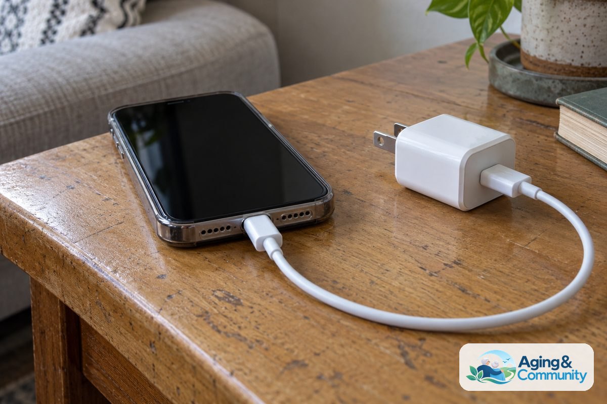 An iPhone rests face up on a wooden table with a charging cable connected to its bottom port and a power adapter beside it.
