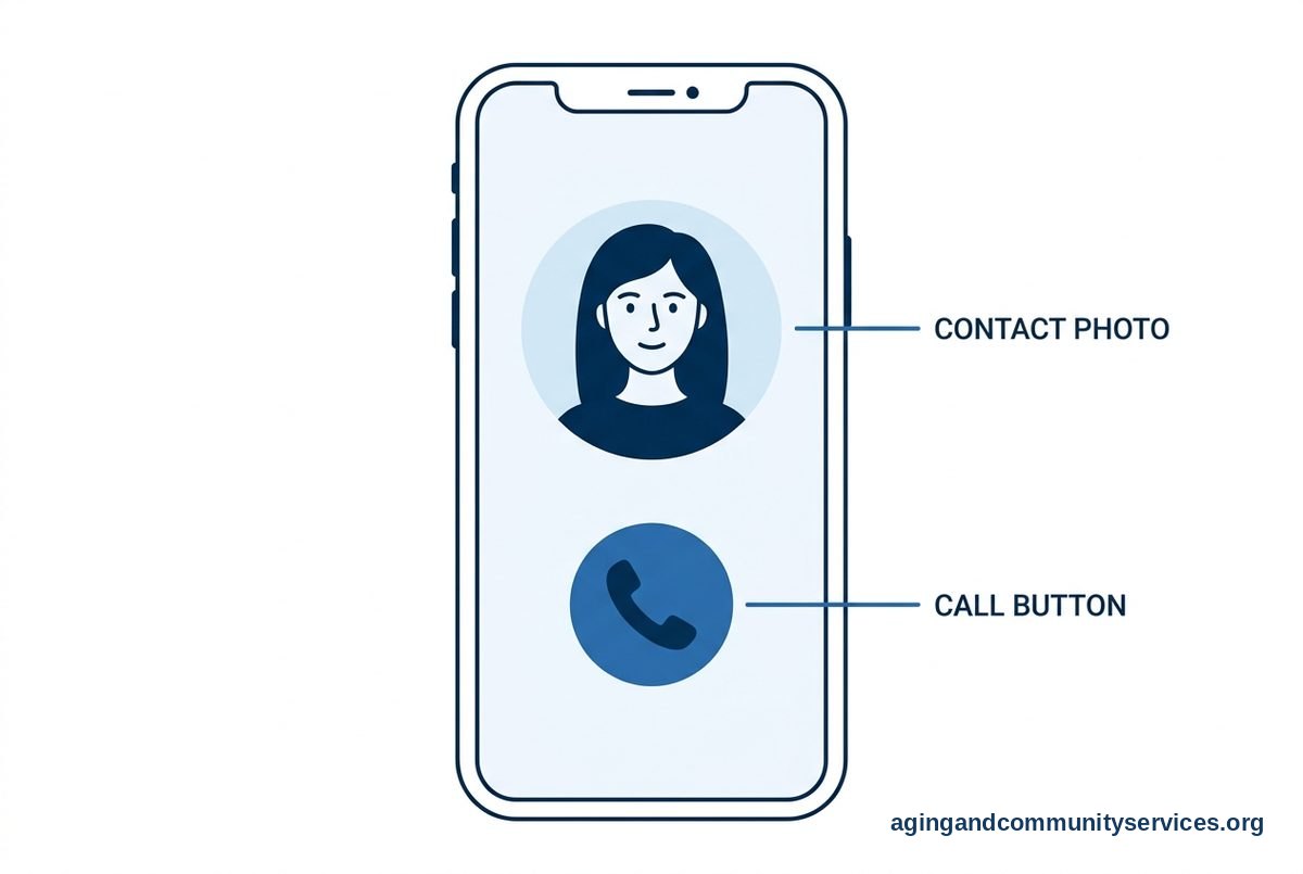 A large phone screen displays an illustrated contact portrait and a handset button, with a short line pointing to each feature.