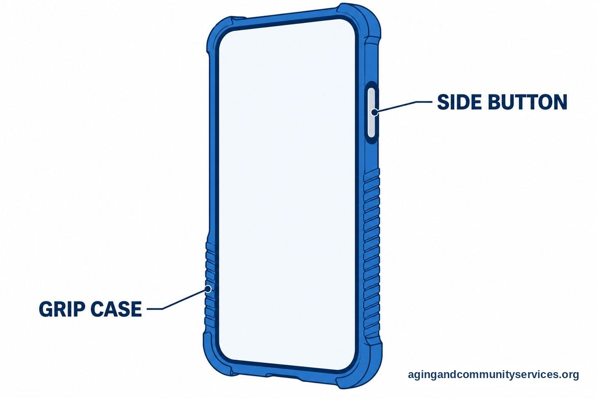 A large phone drawing shows a ribbed protective case and an exposed side button identified by two short leader lines.