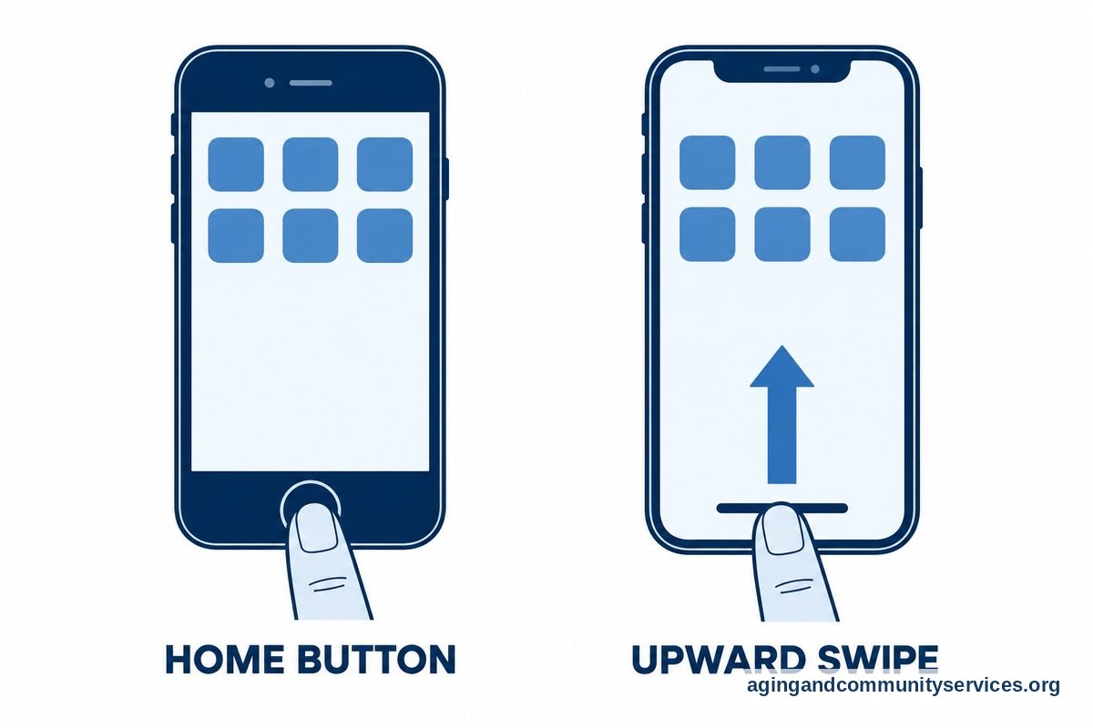 Two phone drawings show a fingertip pressing a round Home button and a fingertip moving upward from the bottom of a full screen phone.