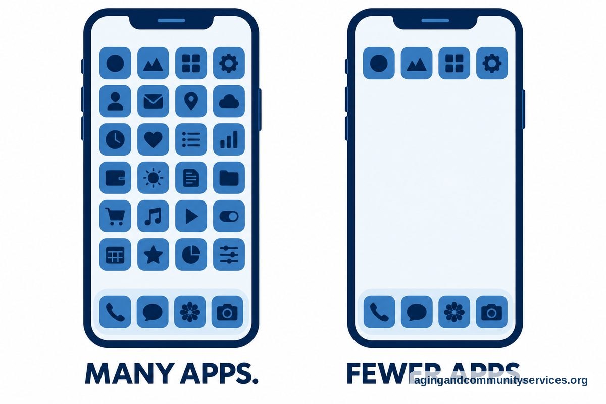 Two matching phone drawings show a crowded Home Screen on the left and a Home Screen with fewer app icons on the right.