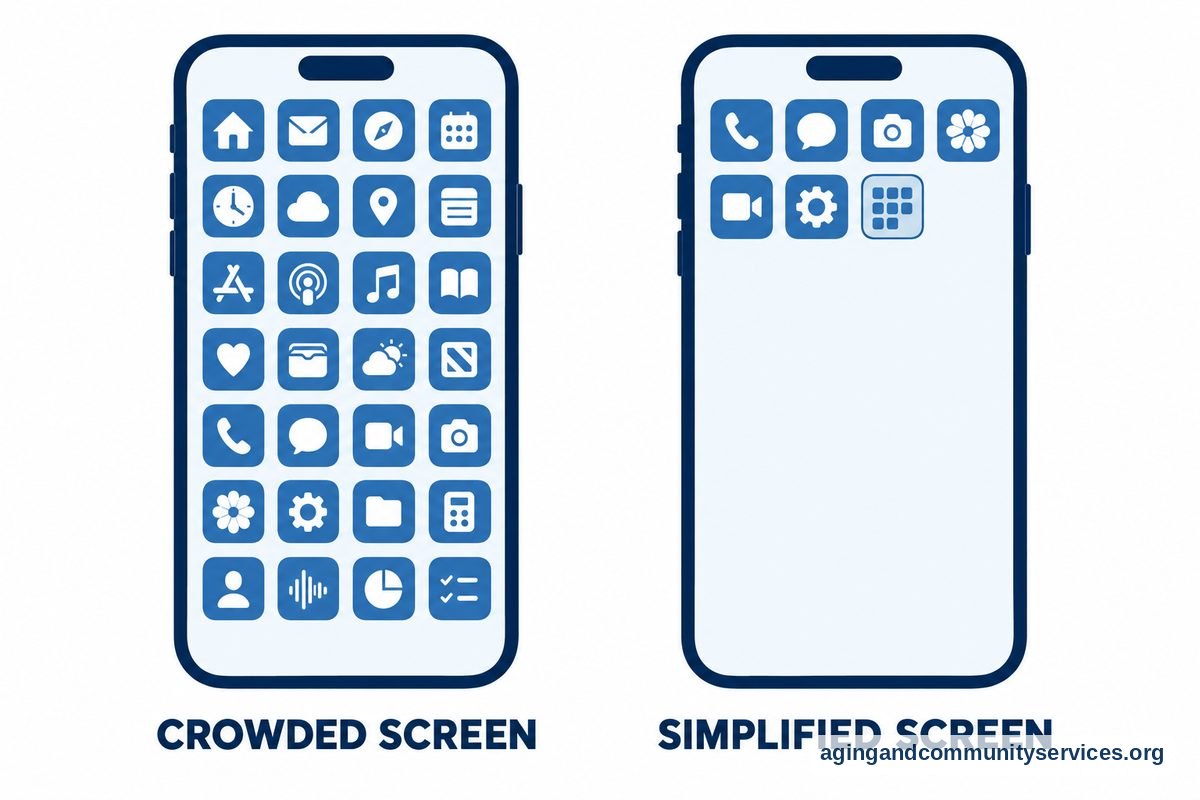 Two drawings of the same phone show a crowded grid of app icons beside a simpler screen with six prominent icons and one folder.