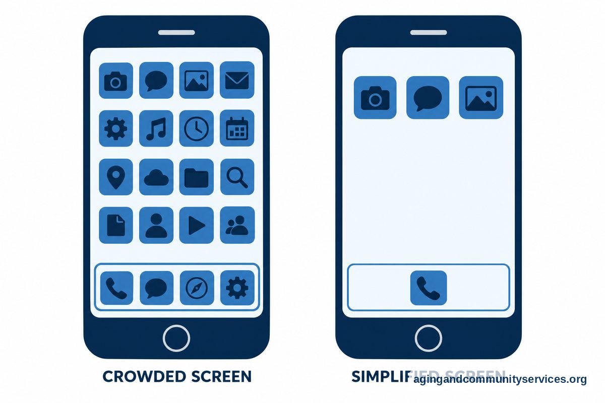 Two matching phone drawings show a crowded home screen beside a simplified screen with fewer icons and a phone icon in the bottom dock.