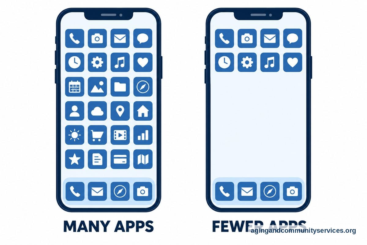 Two matching iPhone drawings show a crowded Home Screen beside a simplified Home Screen with fewer app icons.