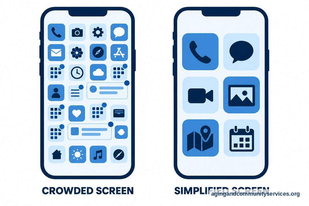 Two views of the same phone show a crowded screen of small app icons beside a screen with six widely spaced app icons.