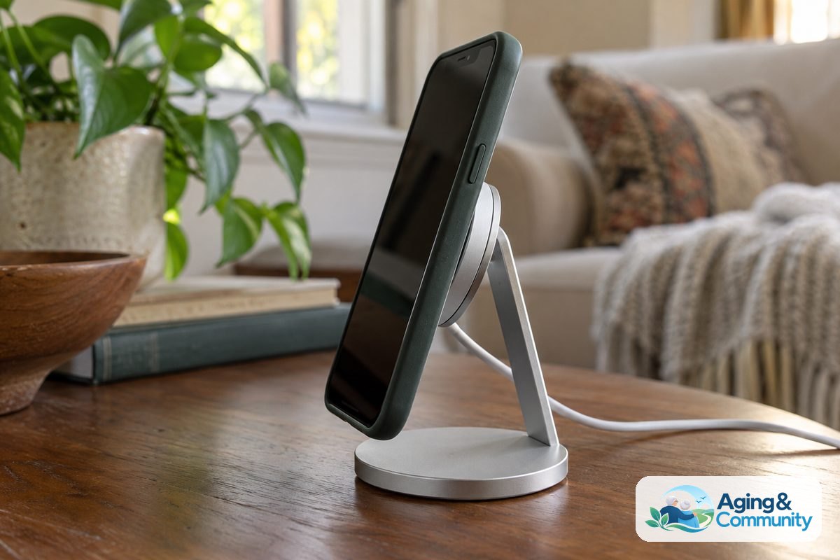 A smartphone rests against a magnetic charging stand with its power cable running behind the base on a wooden side table.