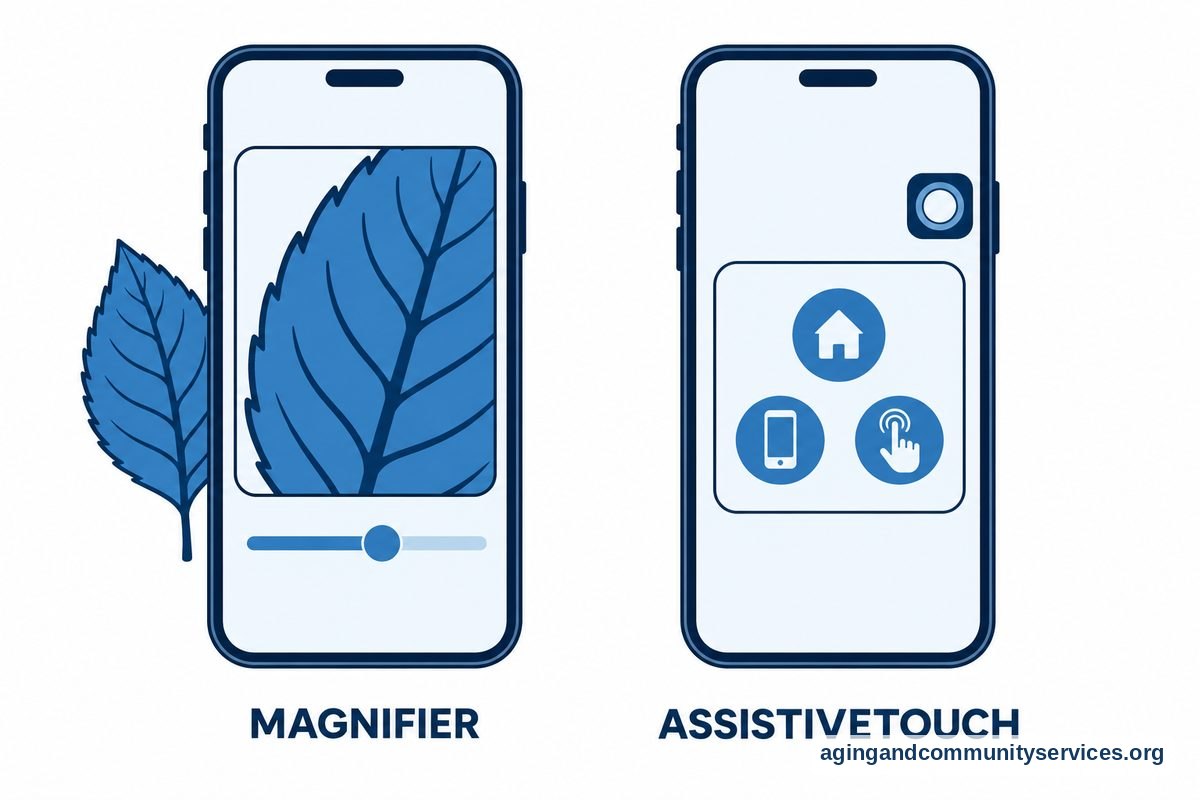 Two phone drawings show an enlarged leaf through Magnifier and an open AssistiveTouch menu with a floating circular button.