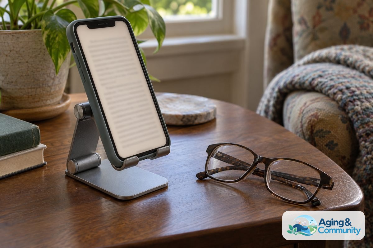 An iPhone in a tabletop stand displays a book page beside folded reading glasses on a wooden end table.