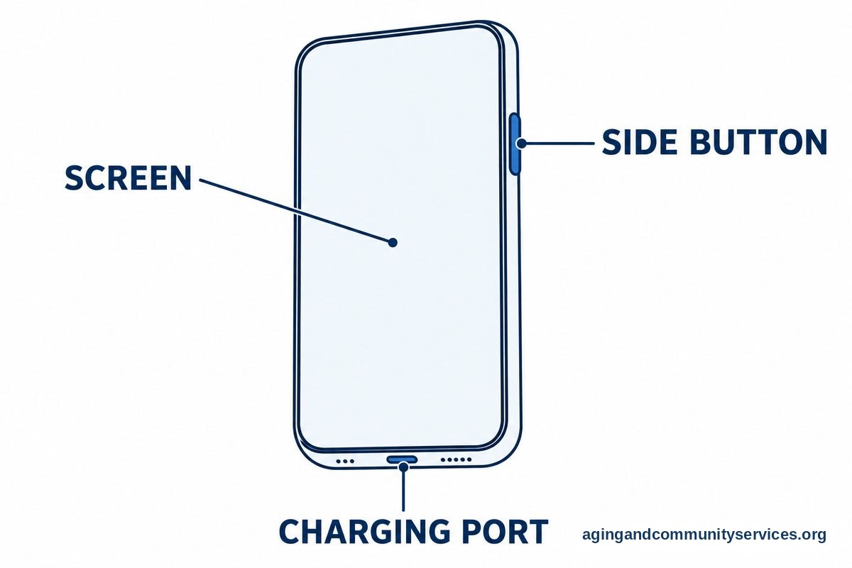A large iPhone drawing has three short callouts pointing to its screen, right side button, and bottom charging port.