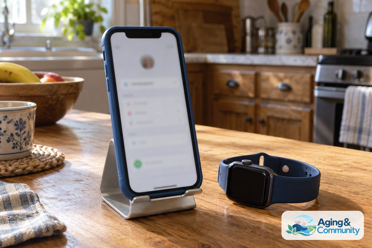 Fall Detection Apple Watch Who Does It Call? A Clear Guide 3 An iPhone in a worn blue case sits beside a smartwatch on a wooden table, with the phone displaying a softly blurred profile form.