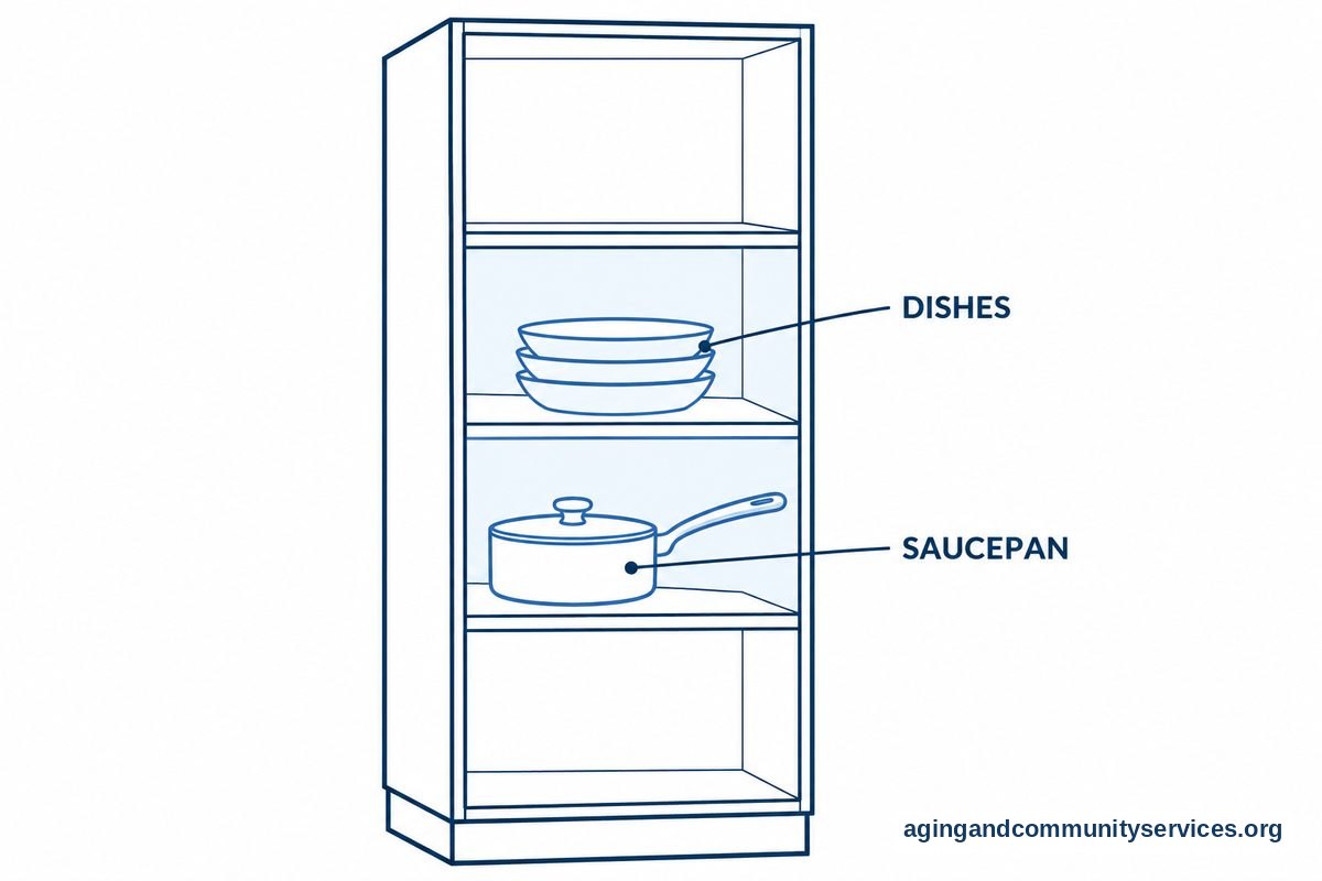 Safety in the Elderly: A Practical Home Guide 4 A cutaway view of a kitchen cabinet shows a saucepan and stacked dishes on middle shelves, with empty shelves above and below.