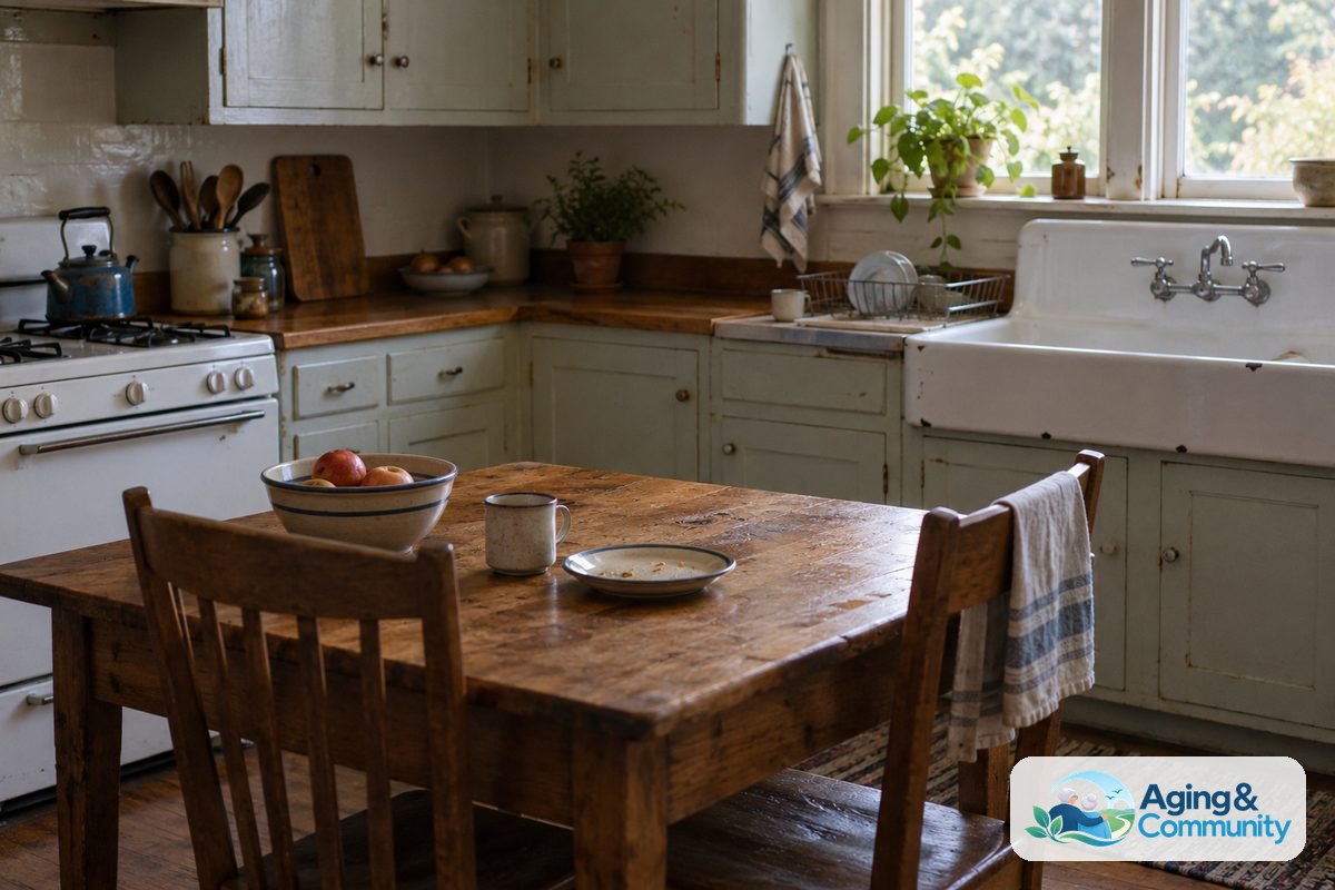 A non‑slip rubber mat lies flat on a tiled kitchen floor in front of the stove, with a wooden cutting board and a jar of spices placed within easy reach, bathed in natural morning light.