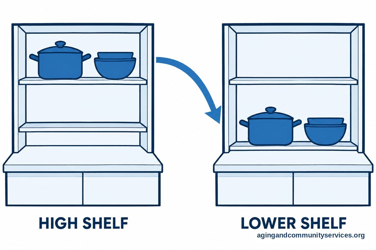 Two views of the same kitchen show a pot and mixing bowls moved from a high cabinet shelf to an open shelf just above the countertop.