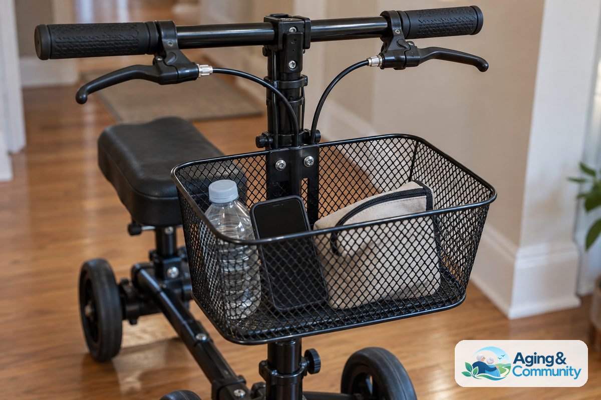 A wire basket mounted on a knee scooter contains a capped water bottle, a phone with a dark screen, and a small zippered pouch beneath unobstructed handlebars.