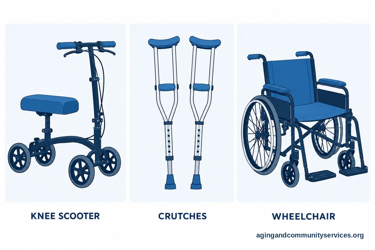 Three vector panels show a four wheeled knee scooter, a pair of underarm crutches, and a manual wheelchair.