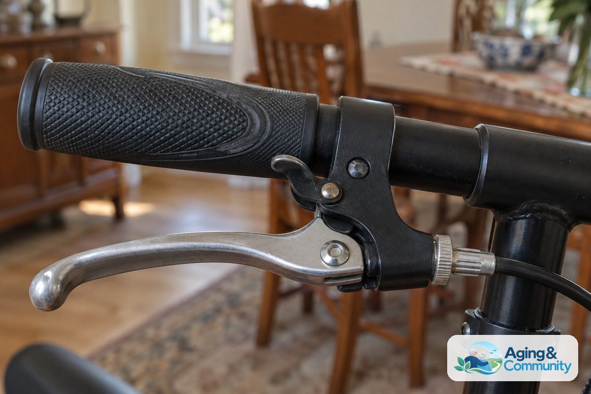 A close view of a knee scooter handlebar shows a textured rubber grip, curved brake lever, parking lock tab, and attached brake cable.