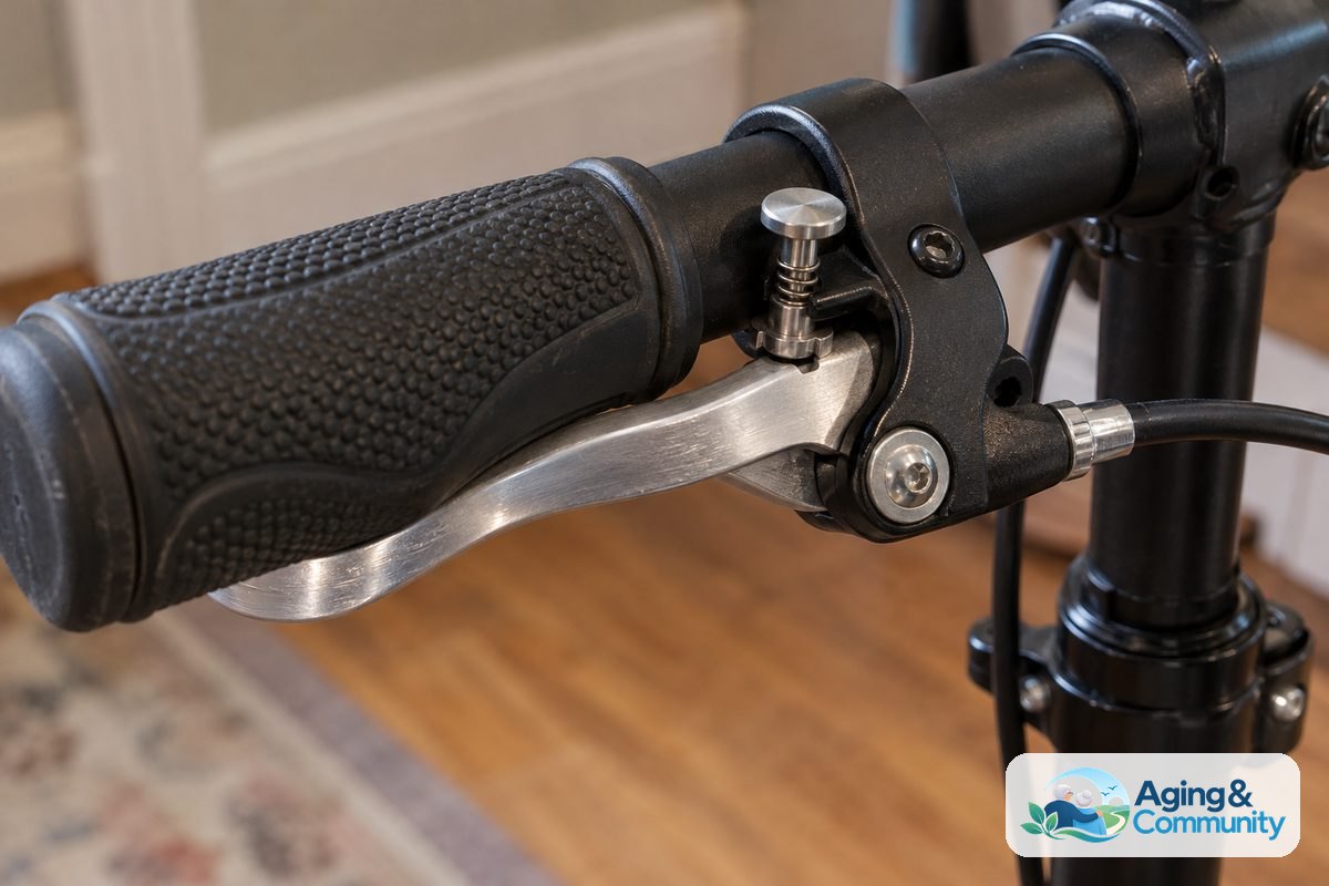 A close view of a knee scooter handlebar shows a textured rubber grip, a curved brake lever, and a parking brake lock button beside the cable housing.
