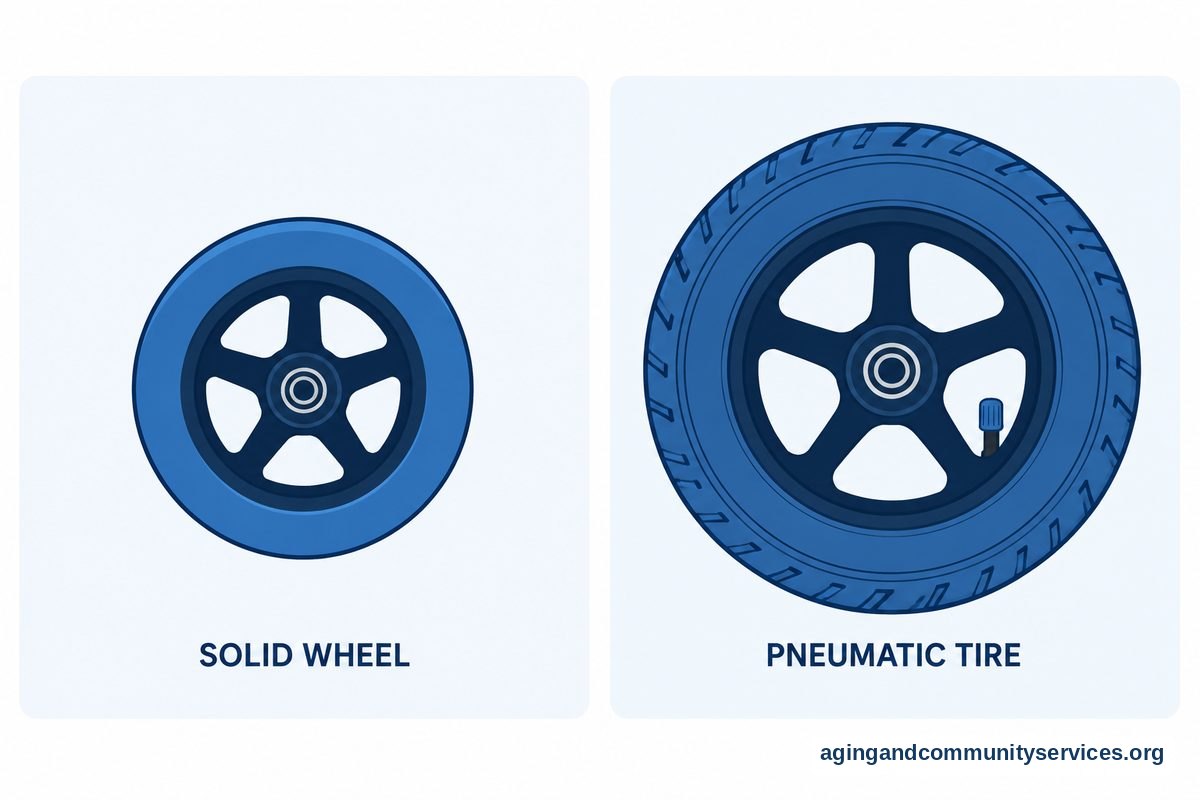 Two wheel drawings show a smaller smooth solid wheel beside a larger treaded pneumatic tire with a visible valve stem.