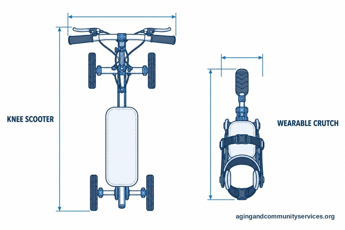A vector drawing shows a knee scooter and a hands free crutch at matching scale with arrows spanning each device's width and length.