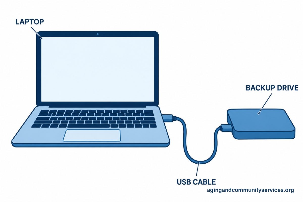 A diagram shows an open laptop connected by a USB cable to a portable external drive, with three labeled callouts.