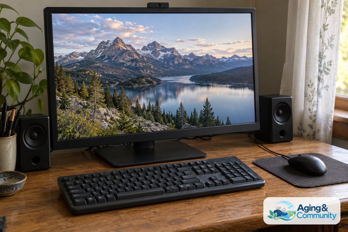 A large monitor, full size keyboard, rounded mouse, and two compact speakers sit together on a worn oak desktop beside a window.
