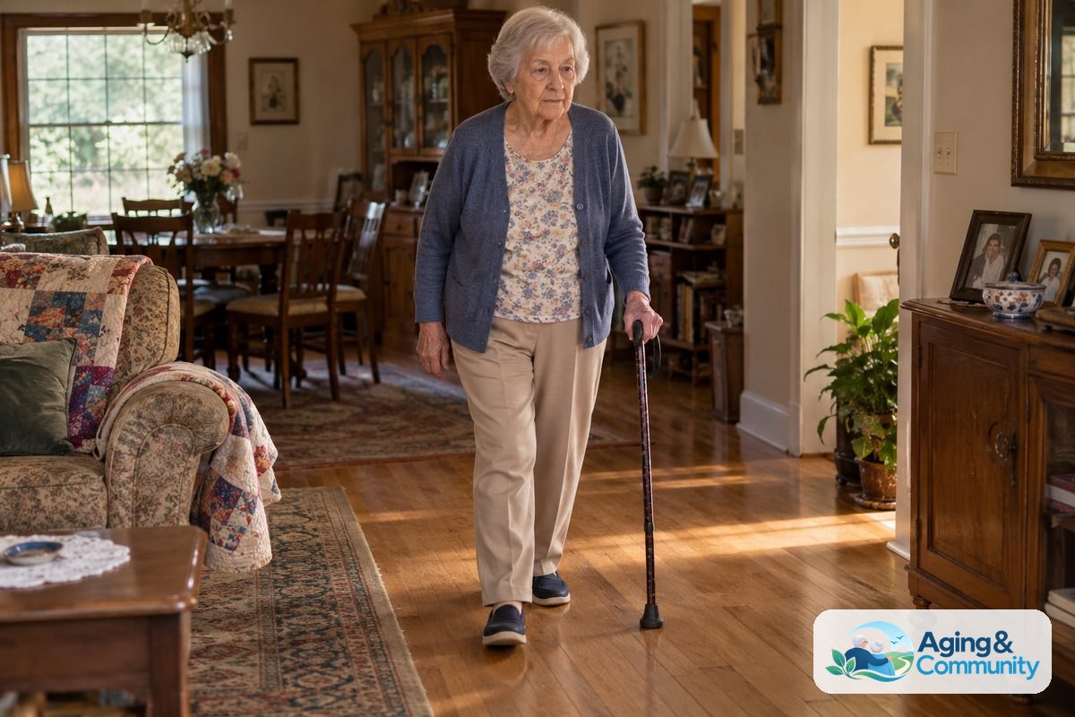 A woman walks through her living room with a cane in her left hand and her right foot stepping forward beside its tip.