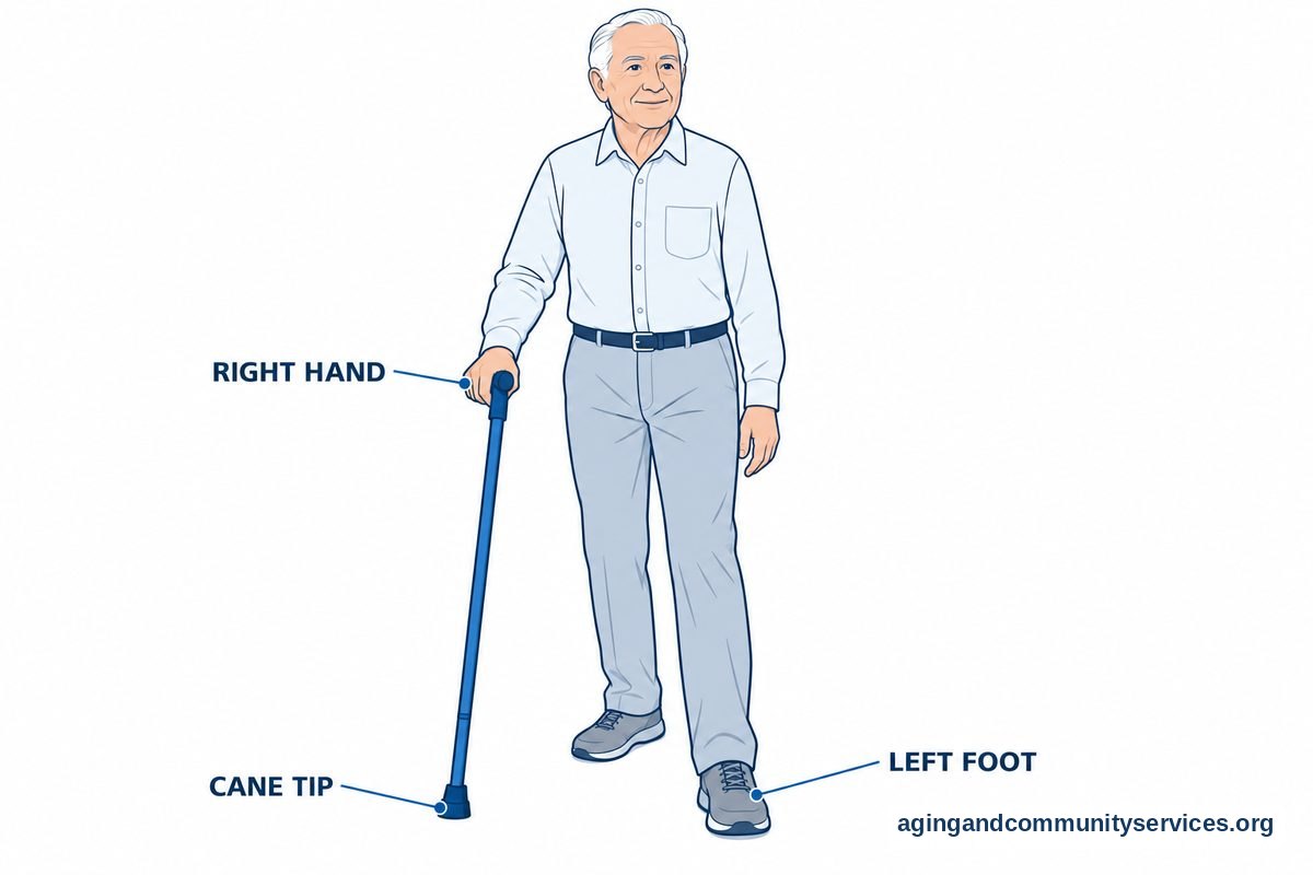 A front view drawing shows an adult holding a cane in the right hand with the left foot advanced beside the planted cane tip.