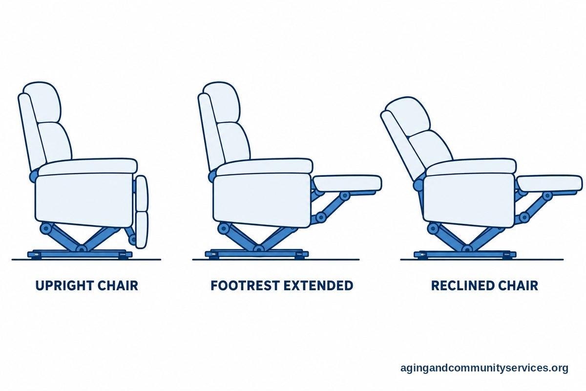 Three side views of an empty lift chair show an upright back with a lowered footrest, an upright back with a raised footrest, and a reclined back with a raised footrest.