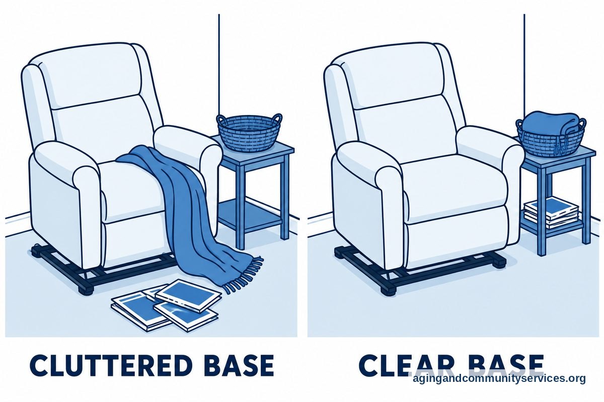 Two matching views of a lift chair show a blanket and magazines around the base on the left and an unobstructed floor around the base on the right.