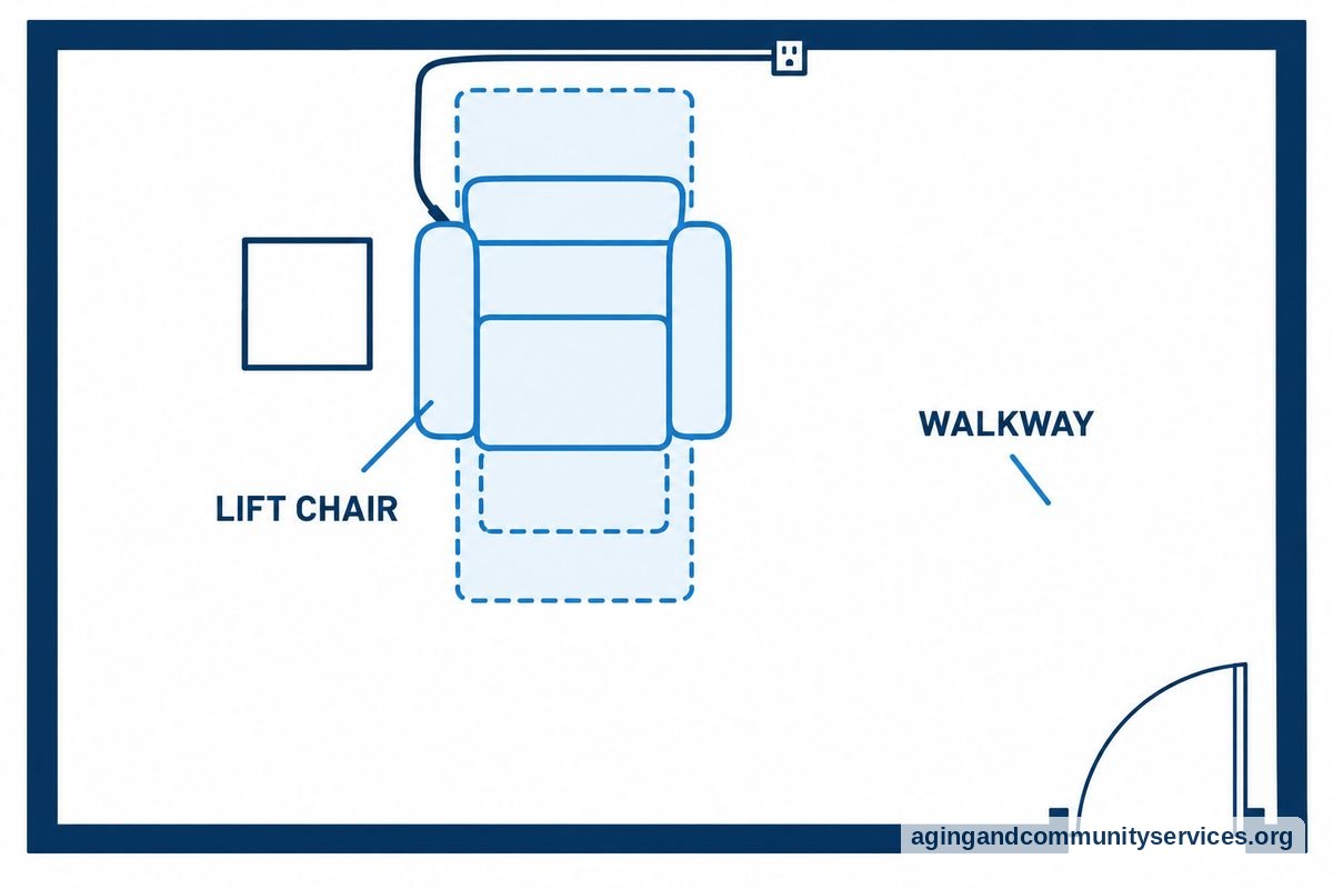 A top view shows a lift chair with space behind its backrest and extended footrest, a side table beside it, and an open walkway to the doorway.