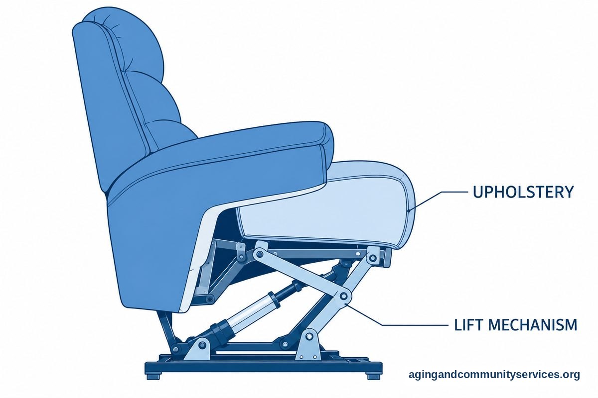A side cutaway of a lift chair shows its upholstered seat above a metal lifting linkage and motor.