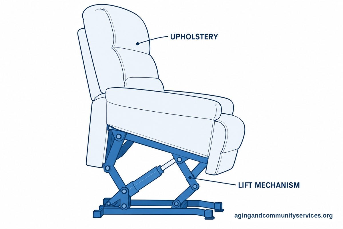 A cutaway side view of an upholstered lift chair reveals a metal lifting mechanism beneath the seat.