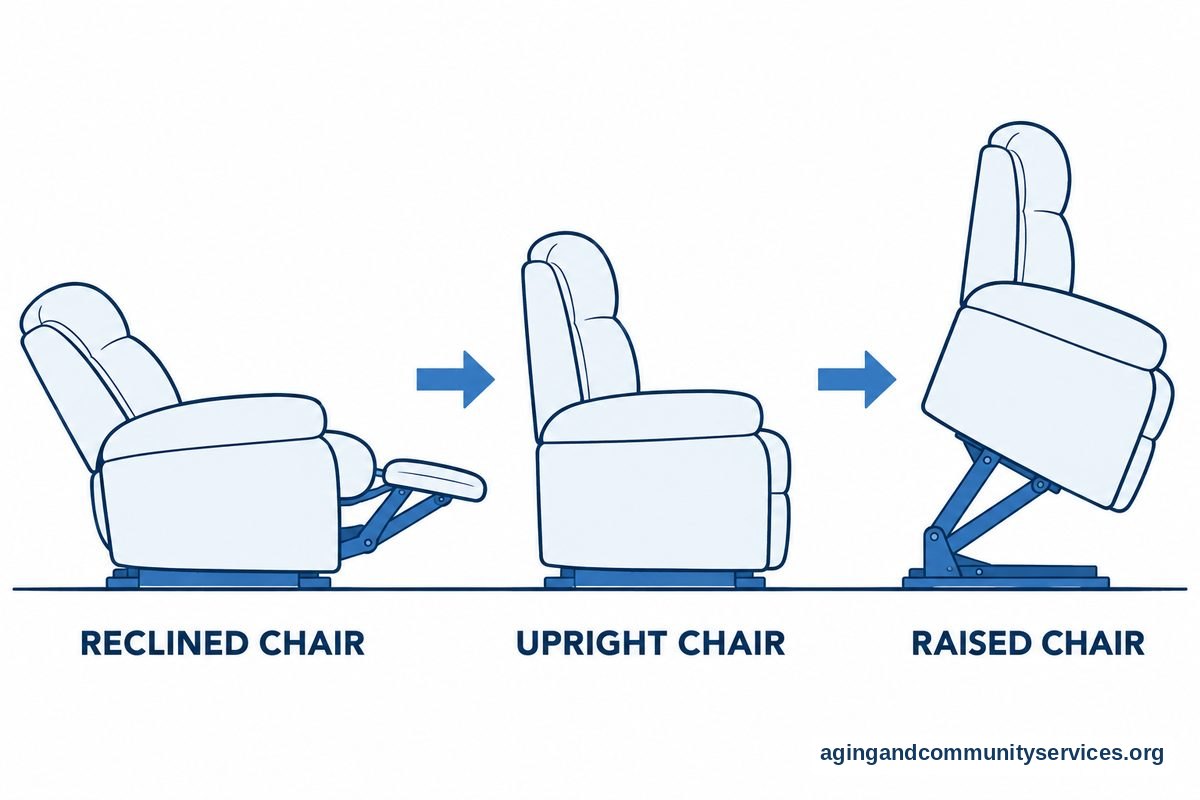 Three side views of the same lift chair show the footrest extended, the chair upright with the footrest closed, and the seat raised and tilted forward.