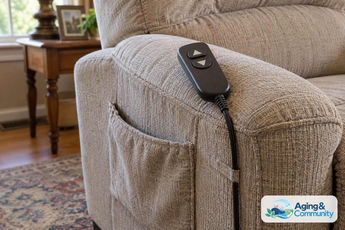 A wired remote with two large arrow buttons rests on a lift chair armrest beside a sewn fabric storage pocket.