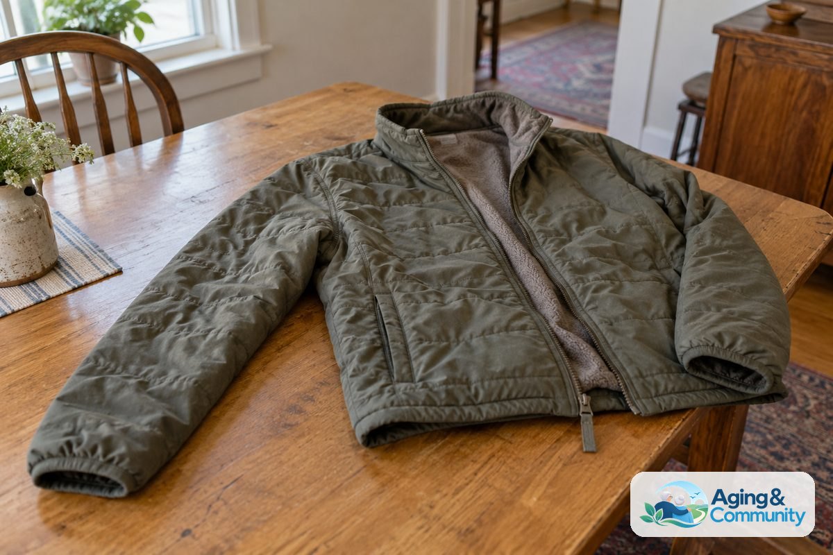 Elderly Fall Vest Guide for Everyday Safety 4 A lightweight quilted jacket lies on a table with one sleeve extended and its front zipper partly open.