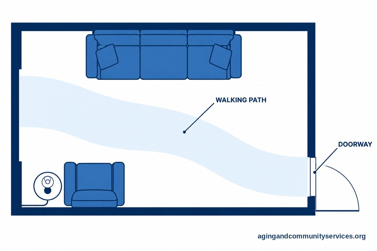 A top down living room drawing shows an unobstructed path between an armchair and a doorway, with a side table beside the chair.